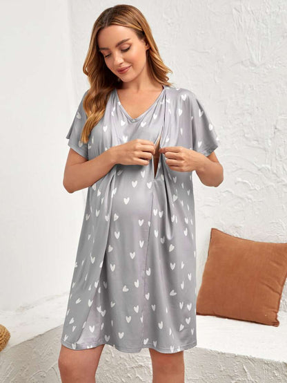 Maternity Heart Print Nursing Nightdress - Black V-Neck Short Sleeve Maternity Sleepwear - Wrap Front Breastfeeding Friendly Long Nightgown