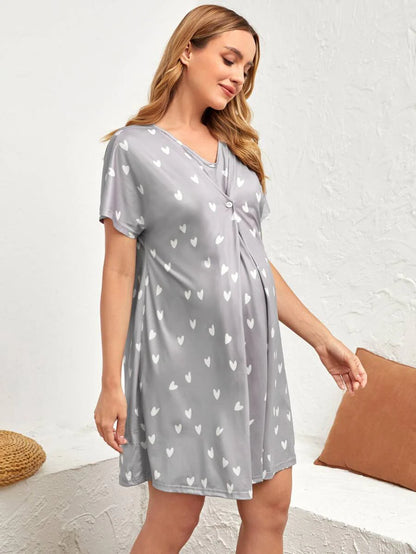 Maternity Heart Print Nursing Nightdress - Batwing Sleeve Soft Stretch Breastfeeding, Lounge Dress