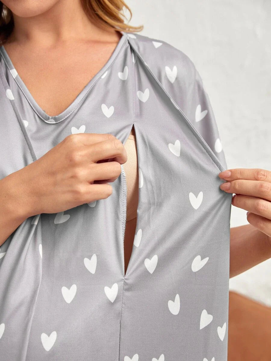 Maternity Heart Print Nursing Nightdress - Black V-Neck Short Sleeve Maternity Sleepwear - Wrap Front Breastfeeding Friendly Long Nightgown