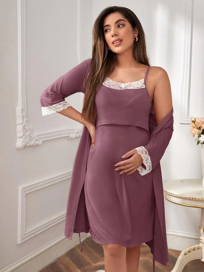 Maternity Floral Lace Trim Robe & Slip Dress Set - Elegant Fall Winter Nursing Loungewear