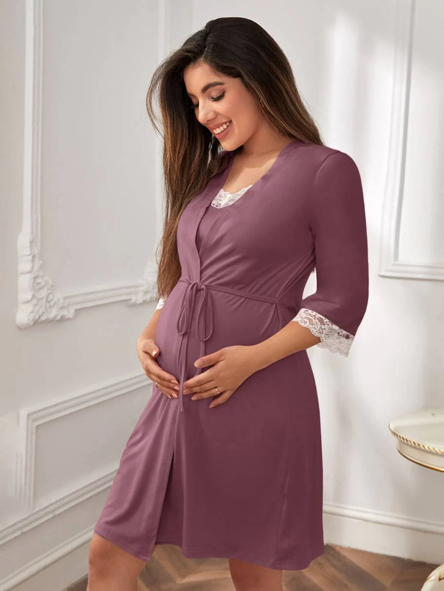 Maternity Floral Lace Trim Robe & Slip Dress Set - Elegant Fall Winter Nursing Loungewear