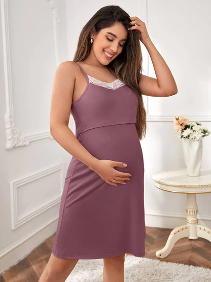 Maternity Floral Lace Trim Robe & Slip Dress Set - Elegant Fall Winter Nursing Loungewear