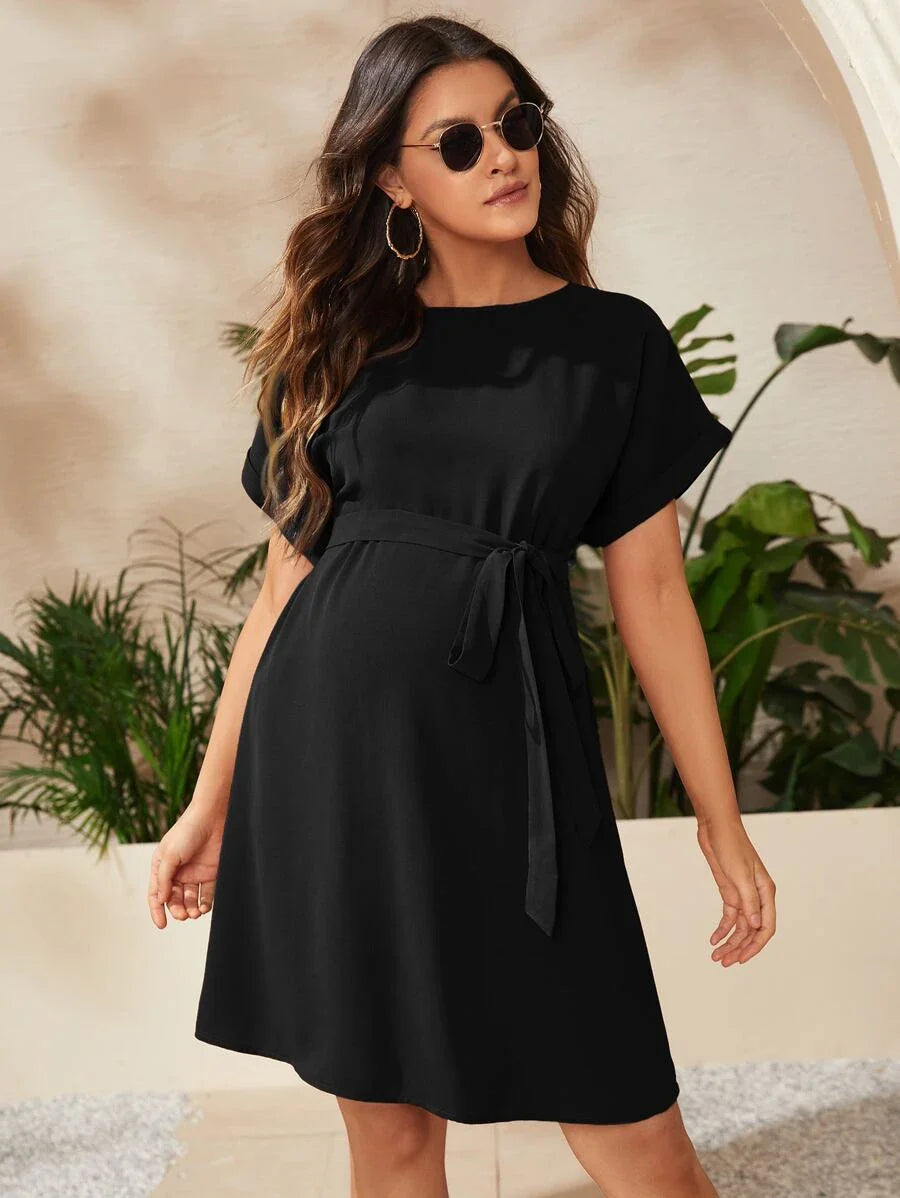 Maternity Short Batwing Sleeve Belted Tunic Dress, Casual High Waist Round Neck Flared Mini Outfit for Daily Wear, Apricot