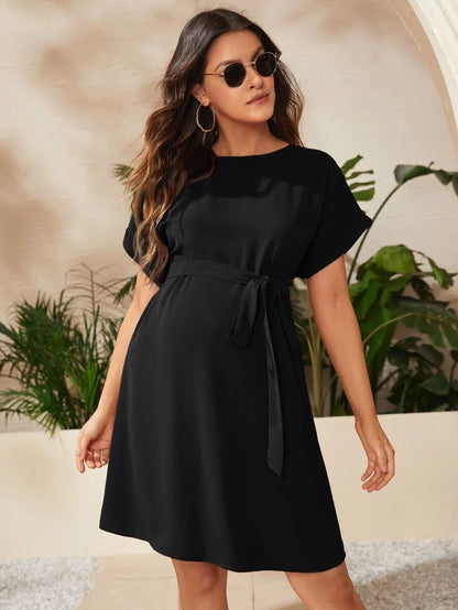 Maternity Short Batwing Sleeve Belted Tunic Dress, Casual High Waist Round Neck Flared Mini Outfit for Daily Wear, Apricot