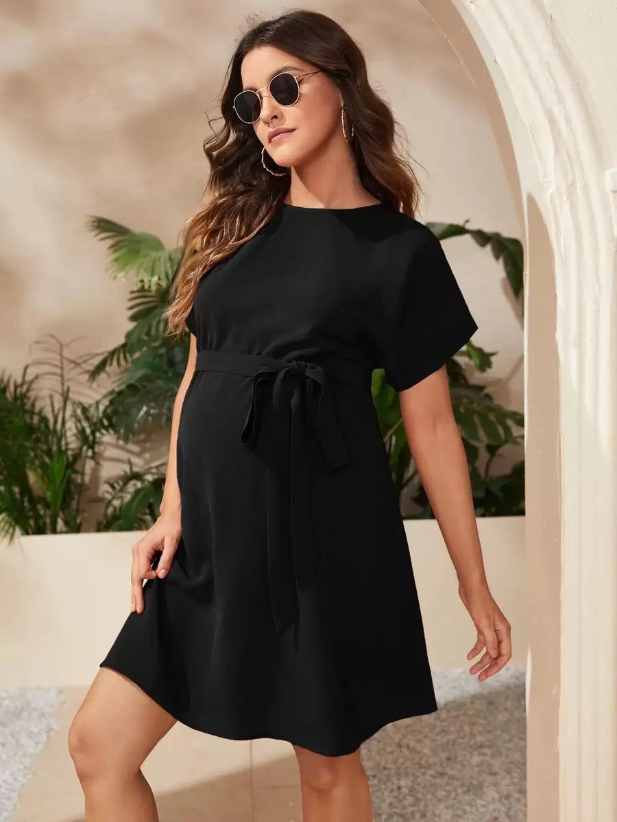 Maternity Short Batwing Sleeve Belted Tunic Dress, Casual High Waist Round Neck Flared Mini Outfit for Daily Wear, Apricot