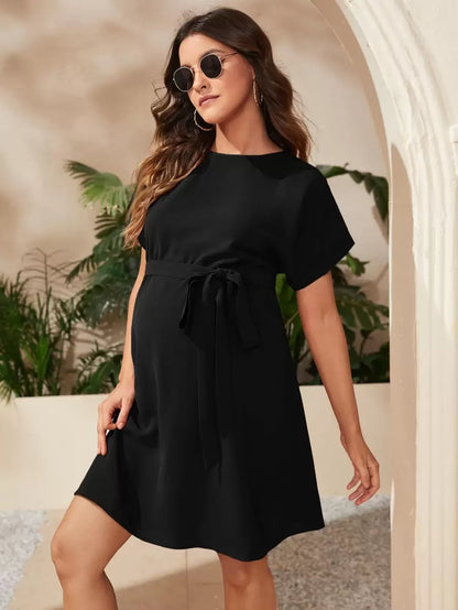 Maternity Short Batwing Sleeve Belted Tunic Dress, Casual High Waist Round Neck Flared Mini Outfit for Daily Wear, Apricot