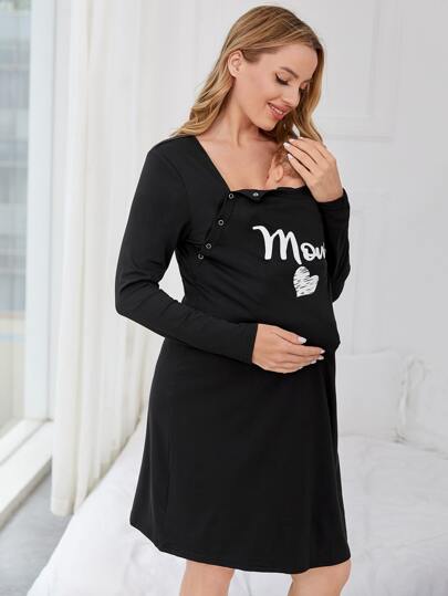 Maternity Night Dress - Heart Letter Graphic Nursing Soft Stretch Sleepwear, Fall Winter Postpartum