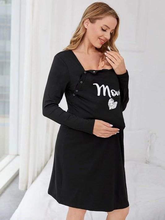 Maternity Night Dress - Heart Letter Graphic Nursing Soft Stretch Sleepwear, Fall Winter Postpartum