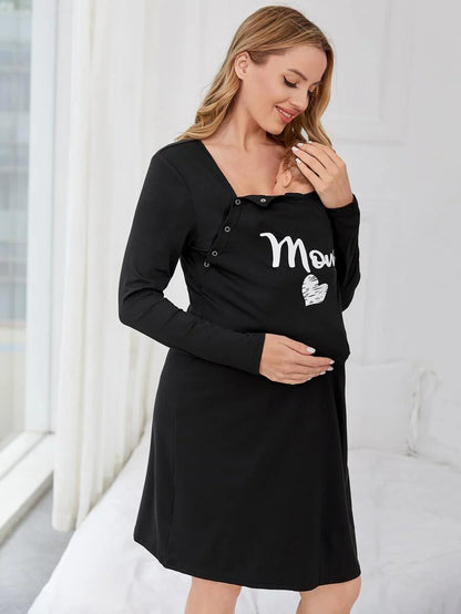 Maternity Night Dress - Heart Letter Graphic Nursing Soft Stretch Sleepwear, Fall Winter Postpartum