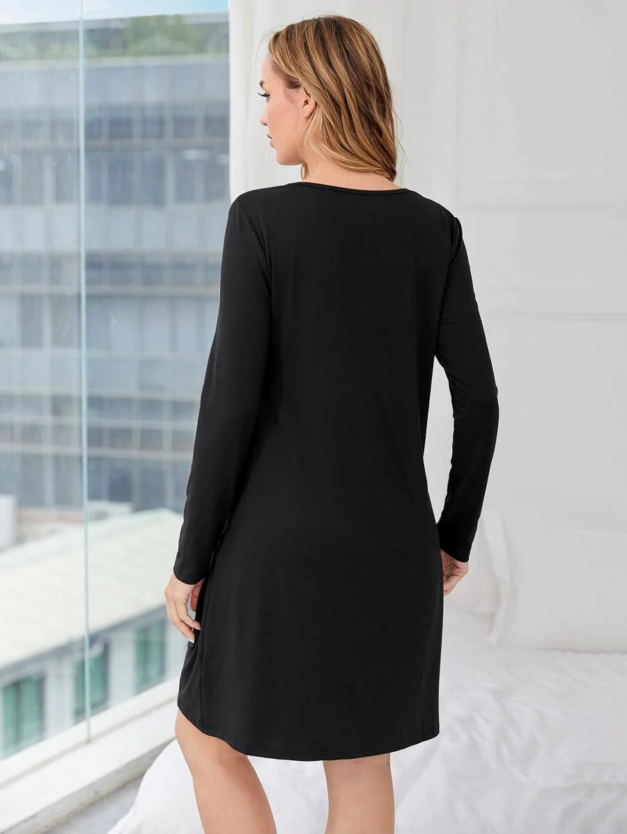 Maternity Night Dress - Heart Letter Graphic Nursing Soft Stretch Sleepwear, Fall Winter Postpartum