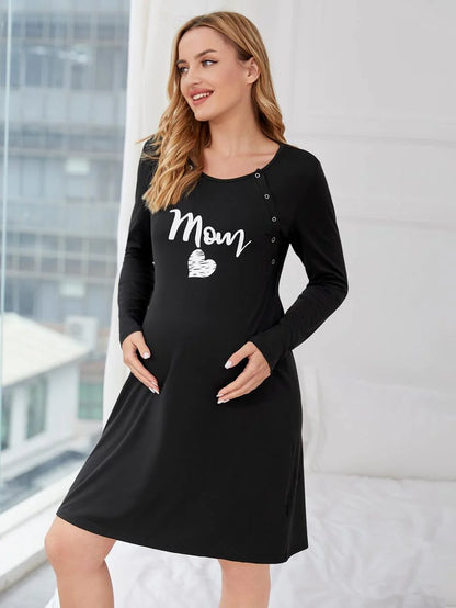Maternity Night Dress - Heart Letter Graphic Nursing Soft Stretch Sleepwear, Fall Winter Postpartum