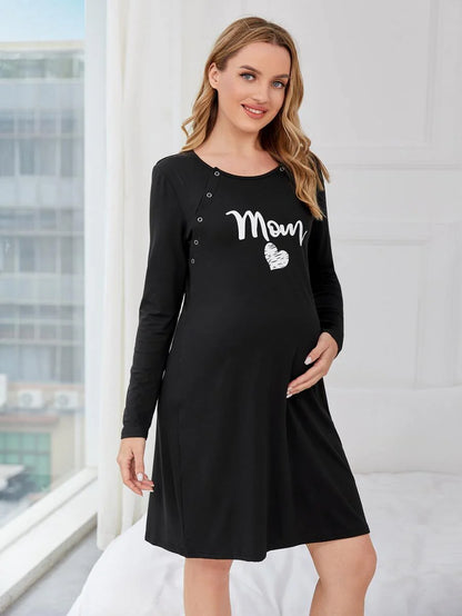 Maternity Night Dress - Heart Letter Graphic Nursing Soft Stretch Sleepwear, Fall Winter Postpartum