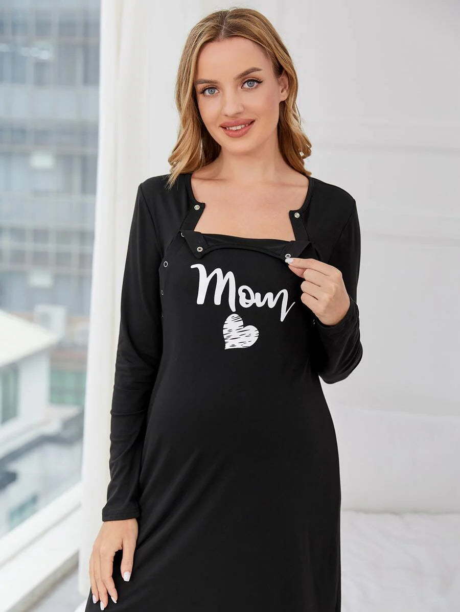Maternity Night Dress - Heart Letter Graphic Nursing Soft Stretch Sleepwear, Fall Winter Postpartum