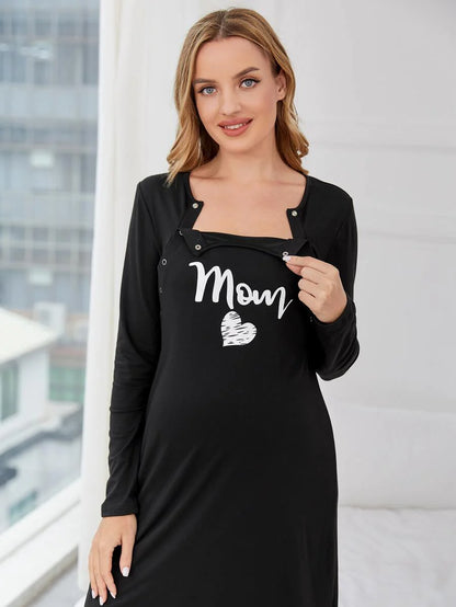 Maternity Night Dress - Heart Letter Graphic Nursing Soft Stretch Sleepwear, Fall Winter Postpartum