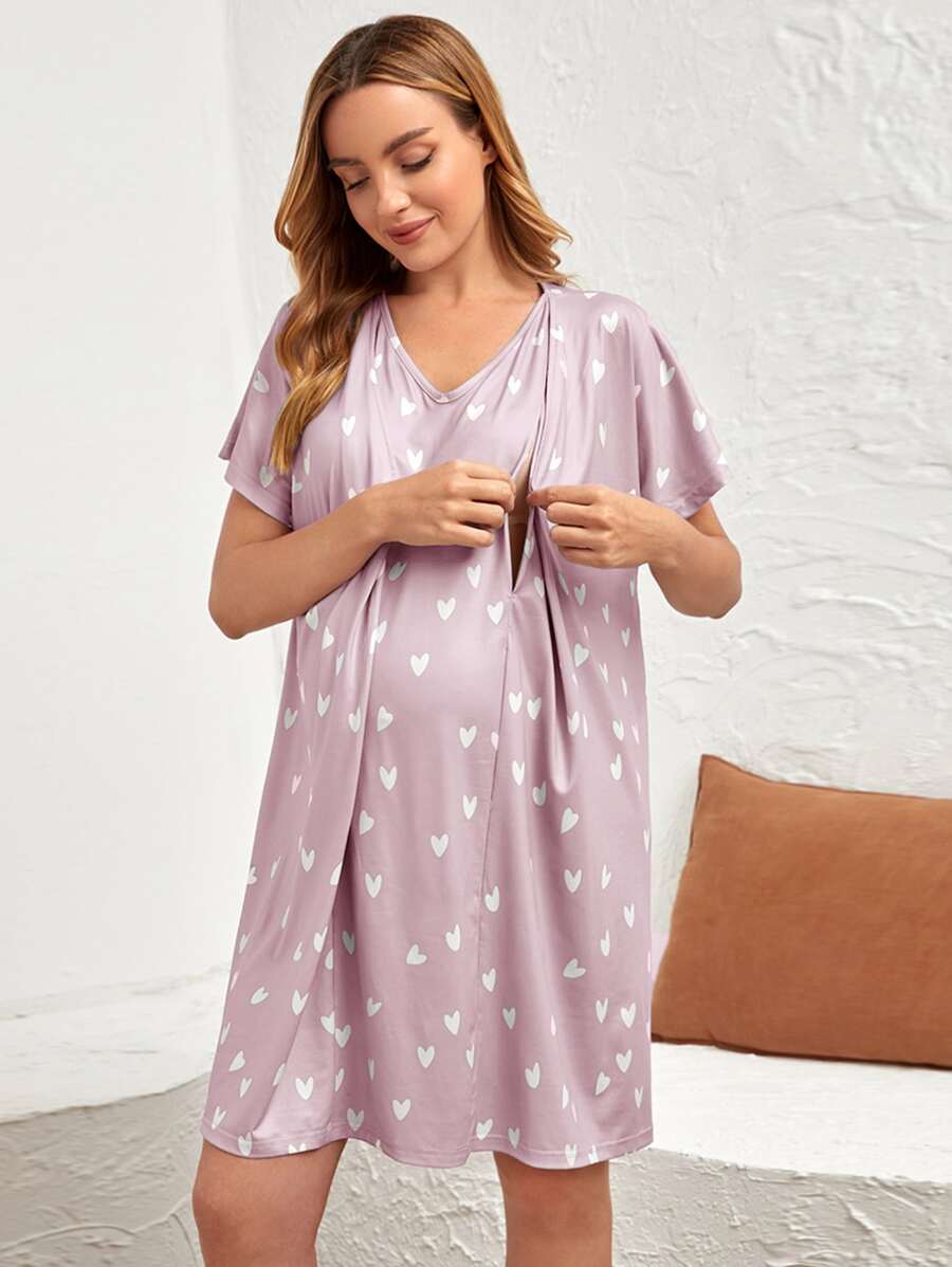 Maternity Heart Print Nursing Nightdress - Batwing Sleeve Soft Stretch Breastfeeding, Lounge Dress