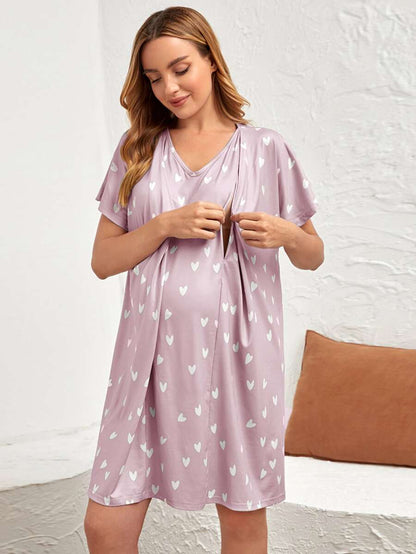 Maternity Heart Print Nursing Nightdress - Black V-Neck Short Sleeve Maternity Sleepwear - Wrap Front Breastfeeding Friendly Long Nightgown