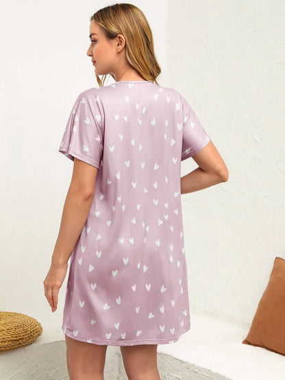 Maternity Heart Print Nursing Nightdress - Batwing Sleeve Soft Stretch Breastfeeding, Lounge Dress