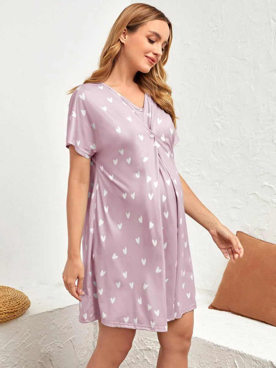 Maternity Heart Print V Neck Nursing Nightdress - Loose Batwing Short Sleeve Sleepwear in Navy Blue