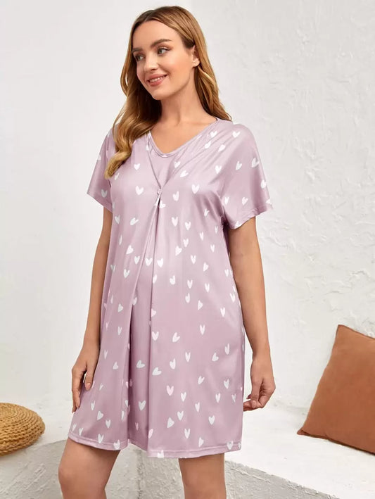 Maternity Heart Print Batwing Sleeve Nursing Nightdress Women Breastfeeding Sleepwear Nightgown