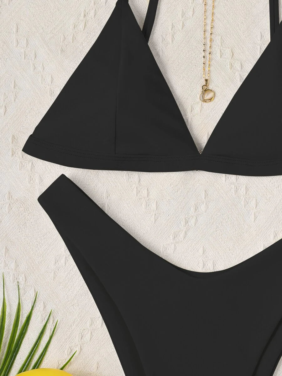 Women's 2-Piece V-Neck Bikini Set - Triangle Bra, High Cut, High Waist, Black