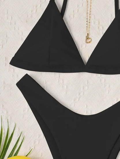 Women's 2-Piece V-Neck Bikini Set - Triangle Bra, High Cut, High Waist, Black