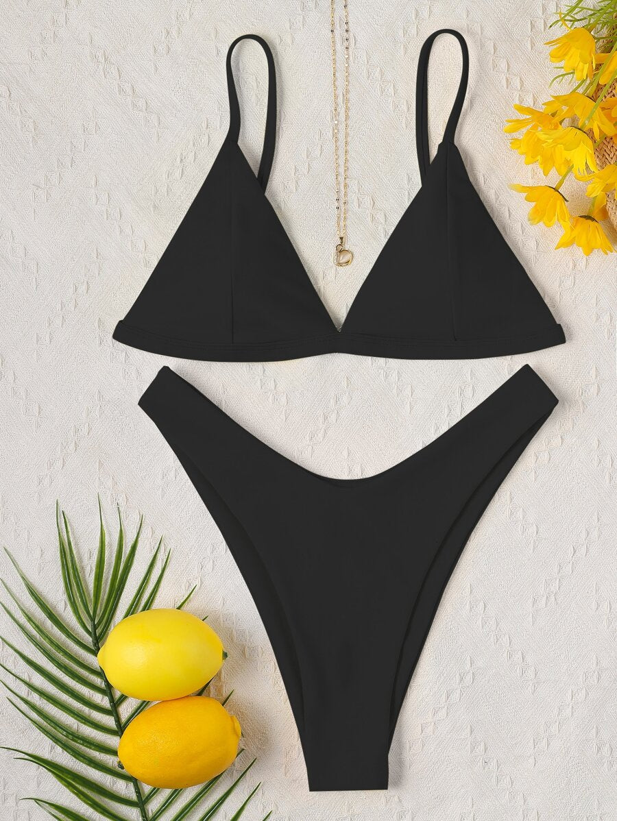Women's 2-Piece V-Neck Bikini Set - Triangle Bra, High Cut, High Waist, Black