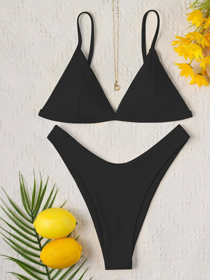 Women's 2-Piece V-Neck Bikini Set - Triangle Bra, High Cut, High Waist, Black