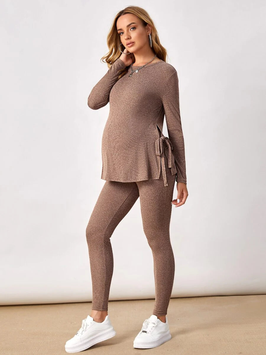Maternity Mocha Brown Knot Side Long Sleeve Tee and Adjustable Waist Leggings 2 Piece Set Casual Pregnancy Loungewear