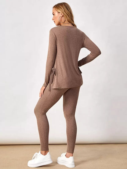 Maternity Mocha Brown Knot Side Long Sleeve Tee and Adjustable Waist Leggings 2 Piece Set Casual Pregnancy Loungewear