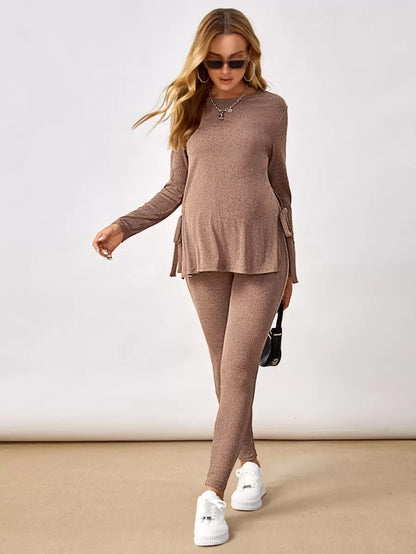 Maternity Mocha Brown Knot Side Long Sleeve Tee and Adjustable Waist Leggings 2 Piece Set Casual Pregnancy Loungewear