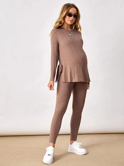 Maternity Mocha Brown Knot Side Long Sleeve Tee and Adjustable Waist Leggings 2 Piece Set Casual Pregnancy Loungewear