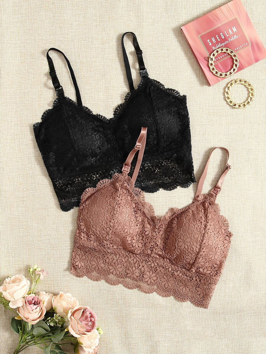 Maternity Bralette Set 2 Pack - Floral Lace Wireless Comfortable Breastfeeding, Nursing Bra