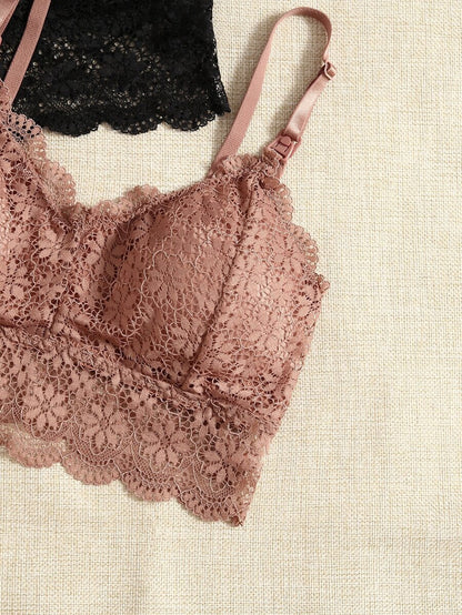 Maternity Bralette 2 Pack - Floral Lace Wireless Lingerie Soft Stretch Nursing, Pregnancy Postpartum