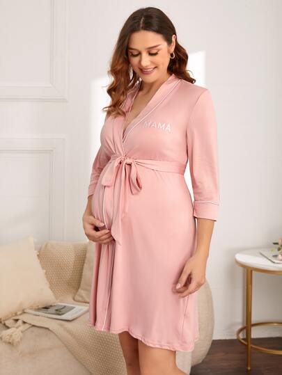 Maternity Nursing Robe - Letter Embroidery Contrast Binding Belted Soft Stretch, Fall Winter