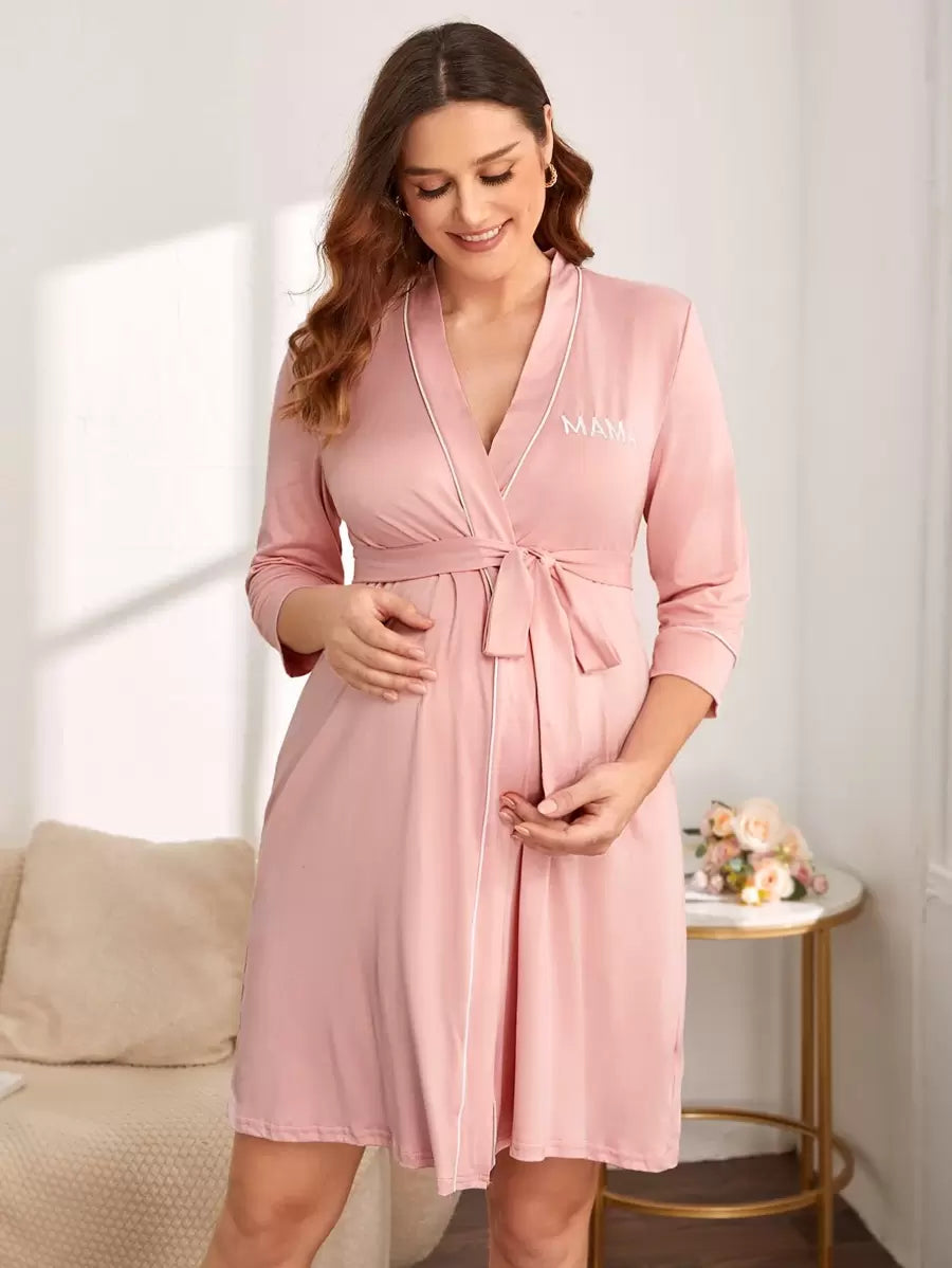 Maternity Nursing Robe - Letter Embroidery Contrast Binding Belted Soft Stretch, Fall Winter