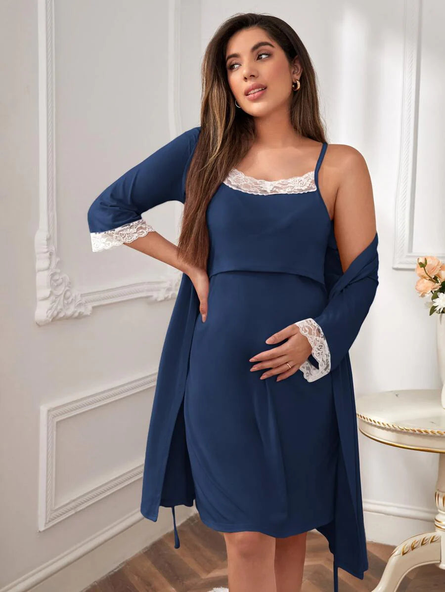 Maternity Floral Lace Trim Robe and Slip Dress Set - Soft Elegant Cozy Fall Winter Nursing