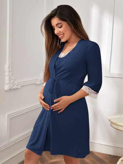 Maternity Floral Lace Trim Robe and Slip Dress Set - Soft Elegant Cozy Fall Winter Nursing