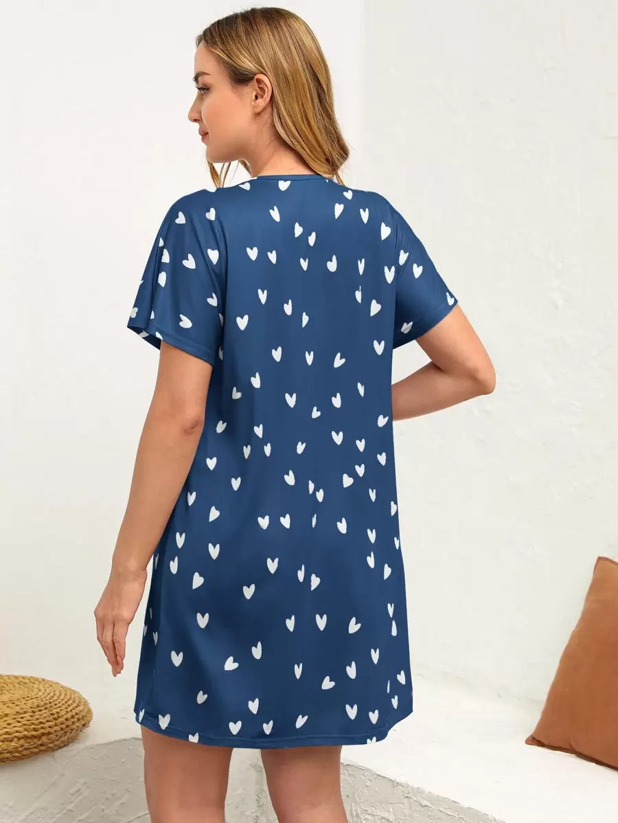 Maternity Heart Print Nursing Nightdress - Batwing Sleeve Soft Stretch Breastfeeding, Lounge Dress