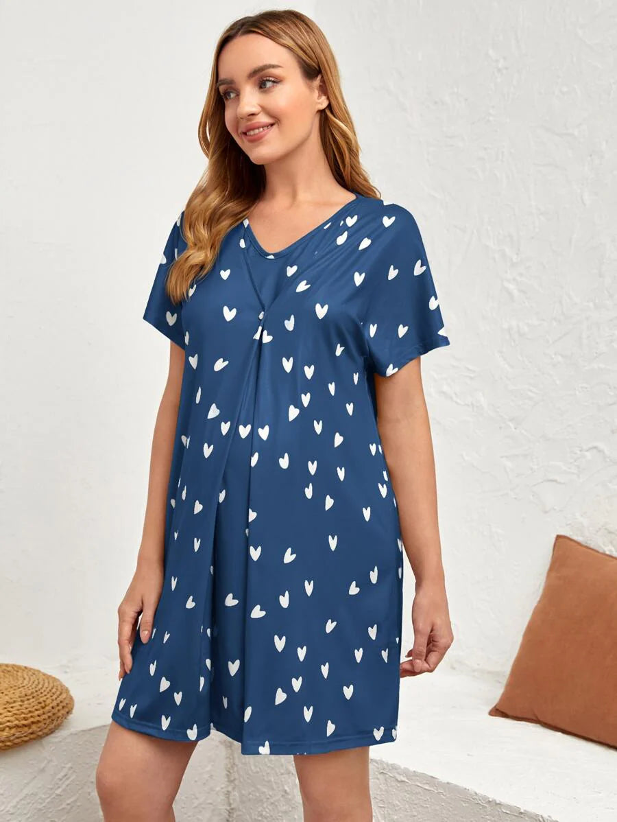 Maternity Heart Print Nursing Nightdress - Black V-Neck Short Sleeve Maternity Sleepwear - Wrap Front Breastfeeding Friendly Long Nightgown
