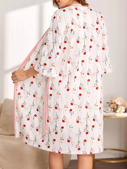 Multicolor Floral Print Maternity Robe and Lace Camisole Dress Set - 2 Piece Slim Fit Knee Length Sleepwear - Puff Sleeve Belted Maternity Loungewear