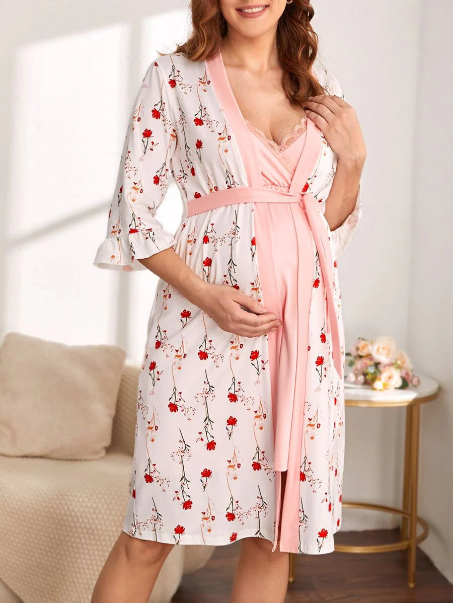 Multicolor Floral Print Maternity Robe and Lace Camisole Dress Set - 2 Piece Slim Fit Knee Length Sleepwear - Puff Sleeve Belted Maternity Loungewear