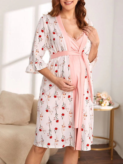 Multicolor Floral Print Maternity Robe and Lace Camisole Dress Set - 2 Piece Slim Fit Knee Length Sleepwear - Puff Sleeve Belted Maternity Loungewear