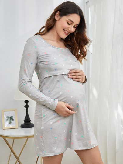 Maternity Polka Dot Nursing Nightdress - Soft Stretch Sleepwear, Pregnancy Breastfeeding Fall