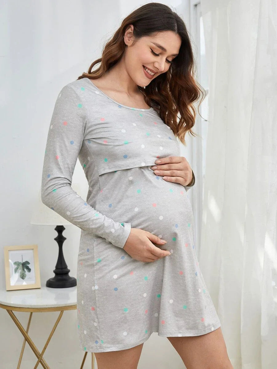 Maternity Polka Dot Nursing Nightdress - Soft Stretch Sleepwear, Pregnancy Breastfeeding Fall