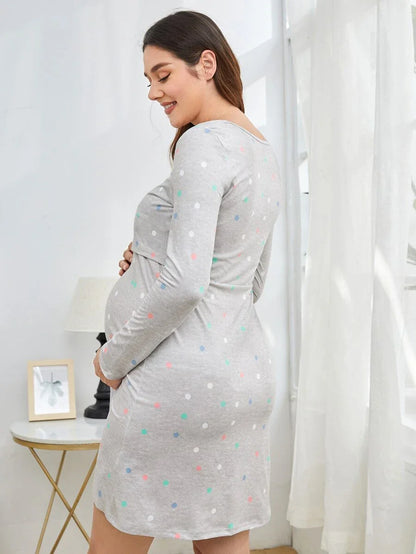 Maternity Polka Dot Nursing Nightdress - Soft Stretch Sleepwear, Pregnancy Breastfeeding Fall