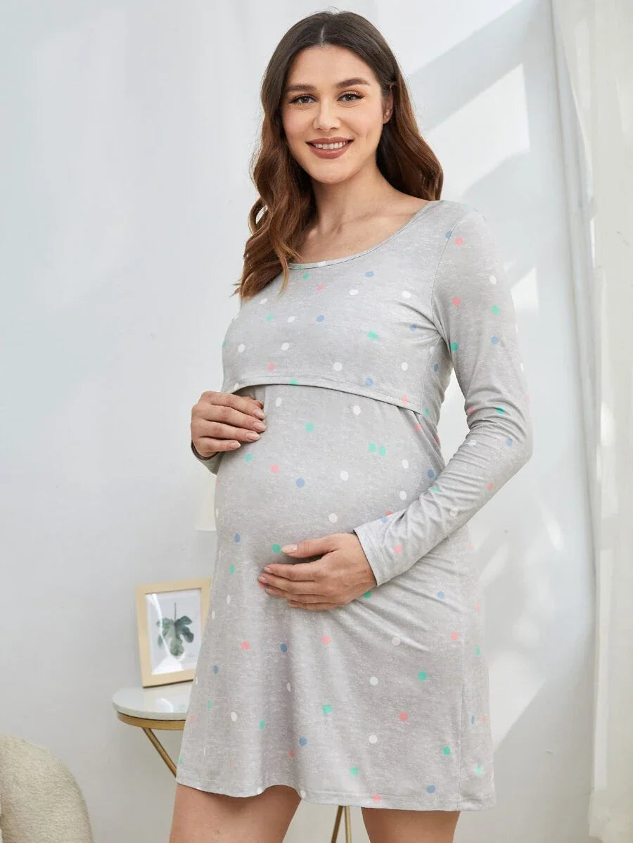 Maternity Polka Dot Nursing Nightdress - Soft Stretch Sleepwear, Pregnancy Breastfeeding Fall
