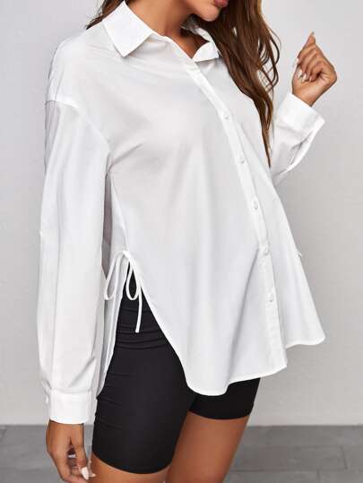 Maternity Drop Shoulder Shirt - Long Sleeve, Single Breasted, Side Tie, White
