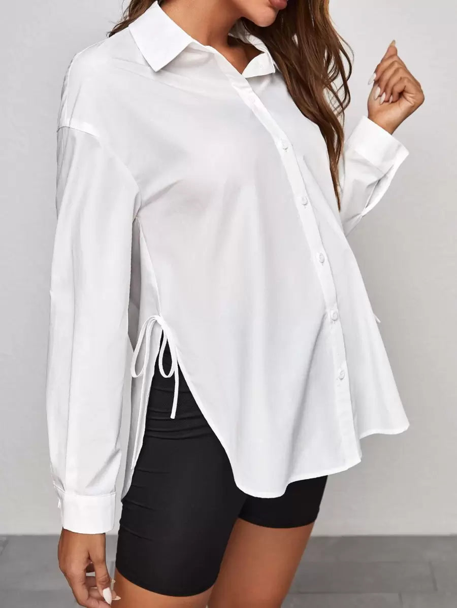 Maternity Drop Shoulder Shirt - Long Sleeve, Single Breasted, Side Tie, White