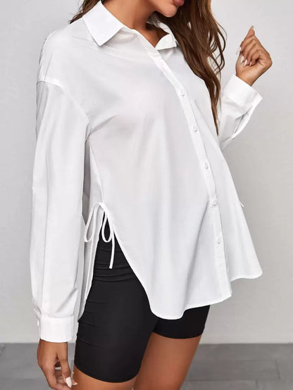 Maternity Drop Shoulder Shirt - Long Sleeve, Single Breasted, Side Tie, White