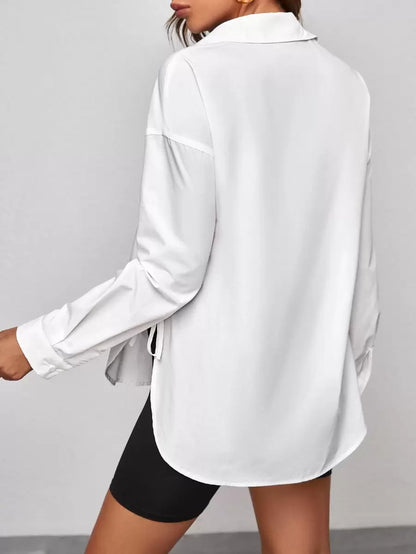 Maternity Drop Shoulder Shirt - Long Sleeve, Single Breasted, Side Tie, White